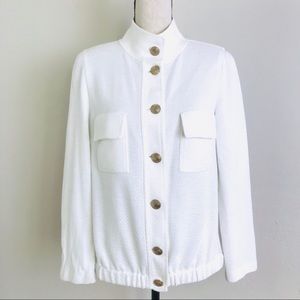 St. John Santana Knit Bomber Jacket Gold Buttons White Casual Tennis Club